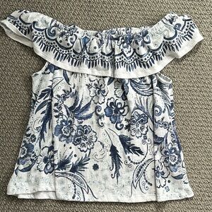 PATCHINGTON OFF THE SHOULDER/ OR NOT BLUE AND WHITE FLORAL TOP XL